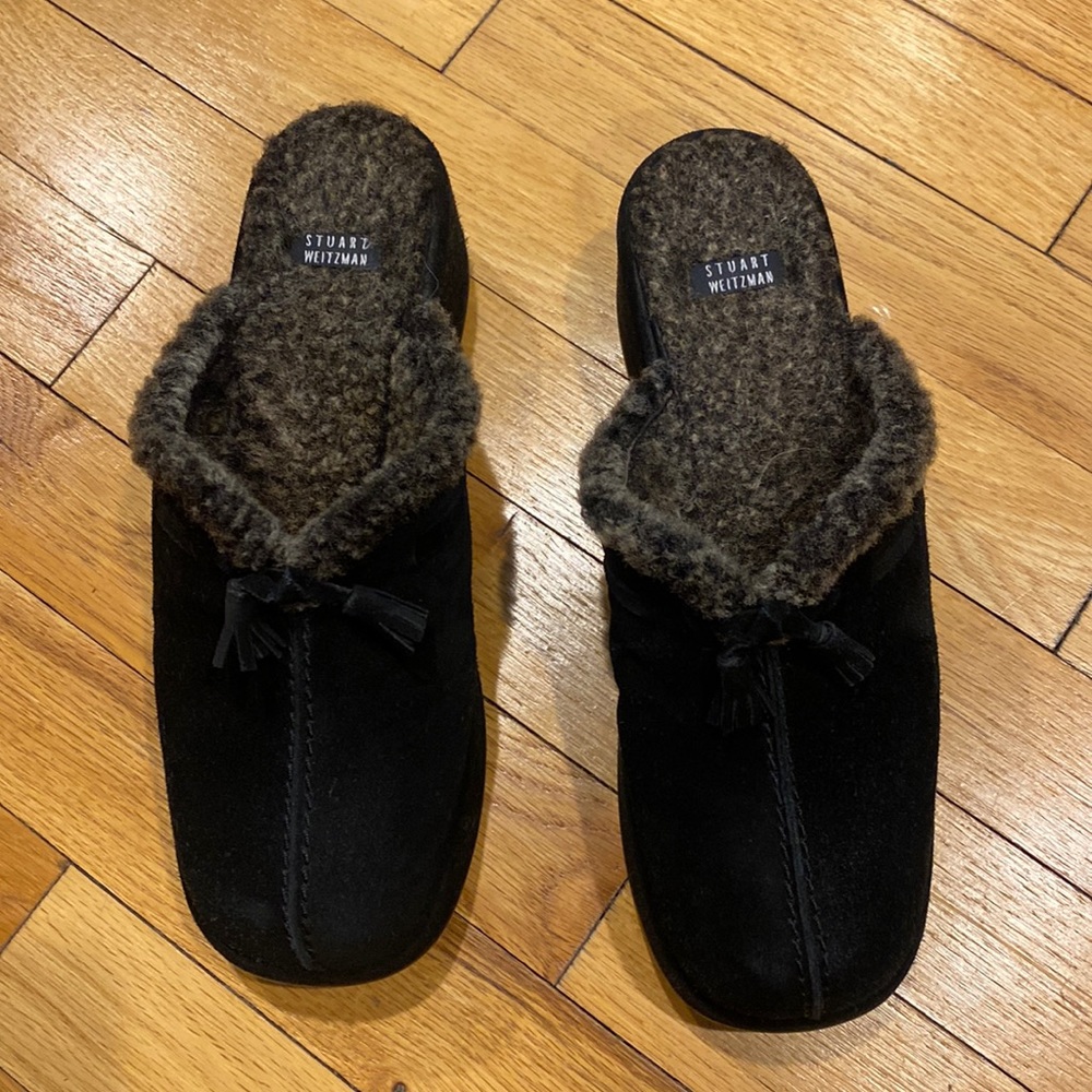 Stuart Weitzman platform slides, black suede, size 7, faux fur lining